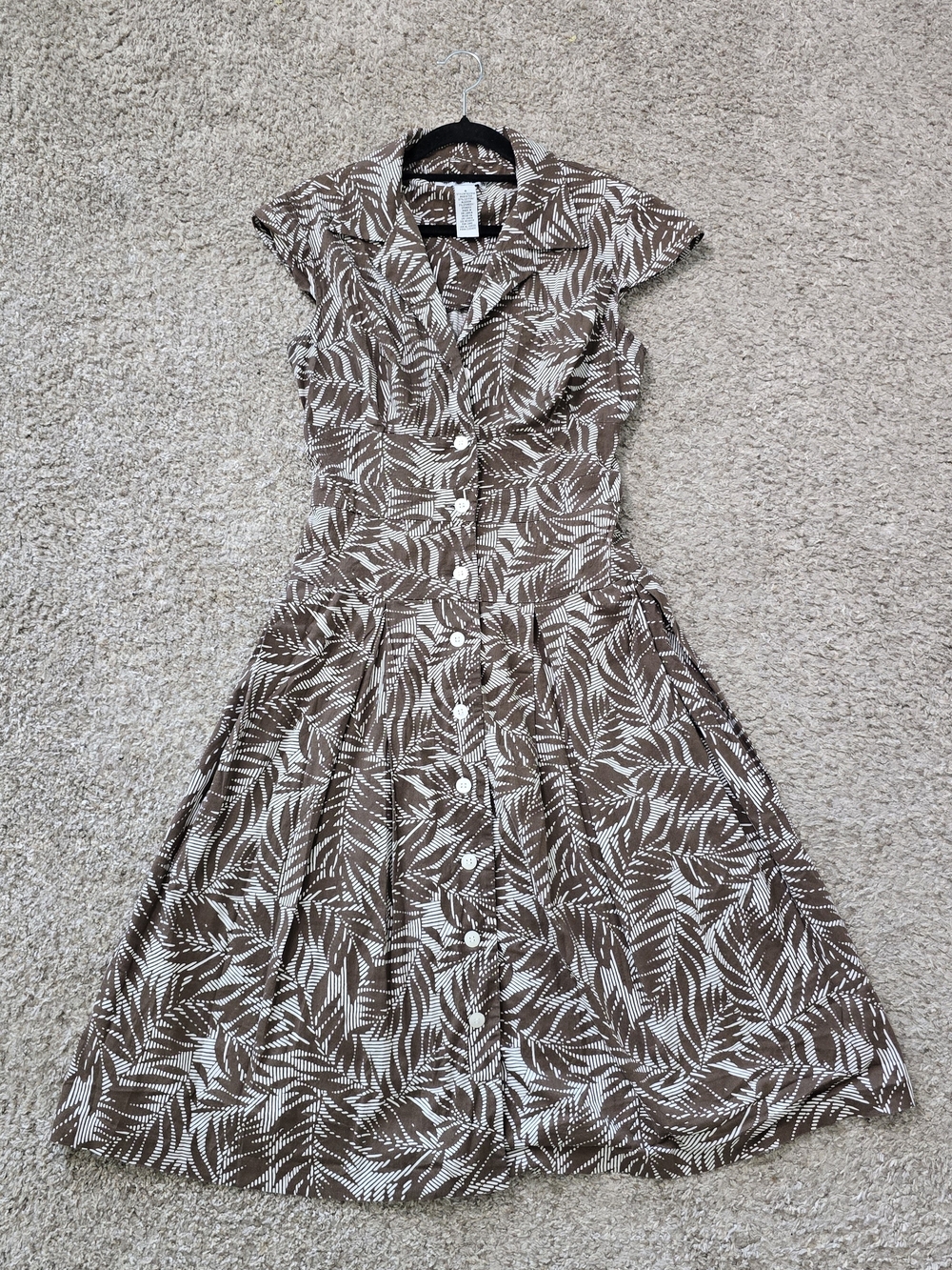 Madison Leigh Brown/White Leaf Collared Button Front Shirt Cotton Dress Size 6